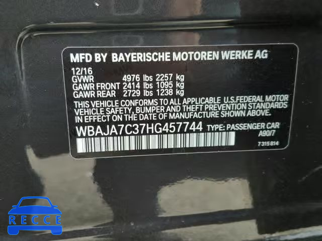 2017 BMW 530 XI WBAJA7C37HG457744 зображення 9
