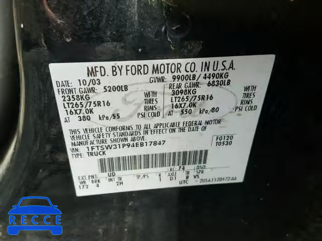 2004 FORD F350 SRW S 1FTSW31P94EB17847 image 9