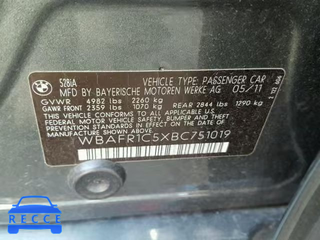2011 BMW 528 I WBAFR1C5XBC751019 image 9