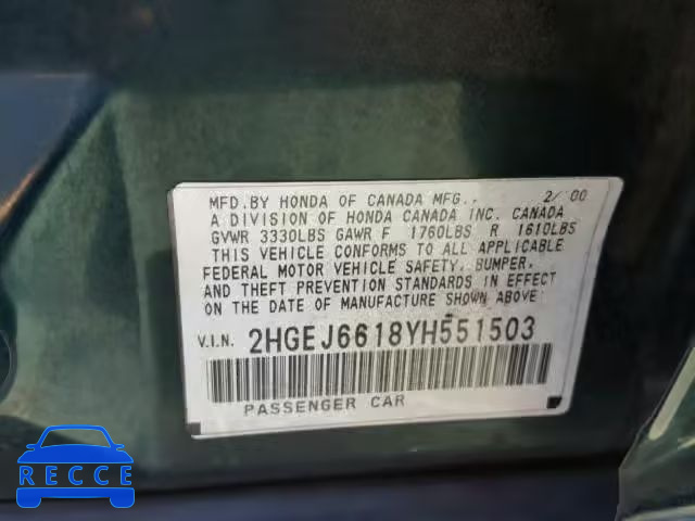 2000 HONDA CIVIC BASE 2HGEJ6618YH551503 Bild 9