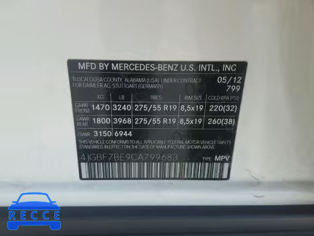 2012 MERCEDES-BENZ GL 4JGBF7BE9CA799683 Bild 9