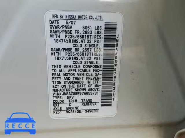 2007 NISSAN MURANO SL JN8AZ08W97W653781 Bild 9