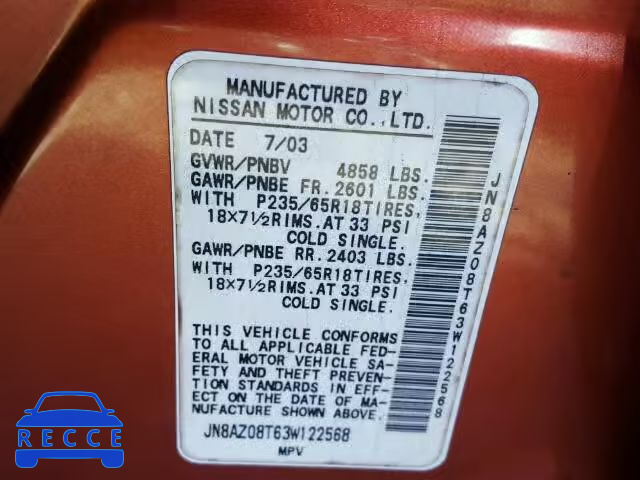 2003 NISSAN MURANO SL JN8AZ08T63W122568 image 9