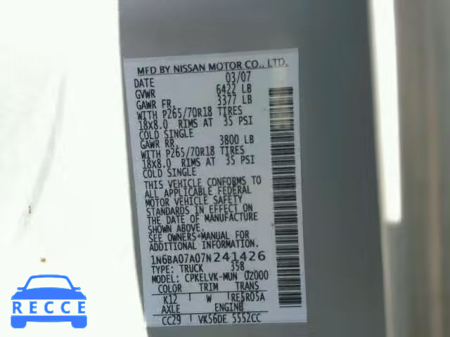 2007 NISSAN TITAN XE 1N6BA07A07N241426 image 9