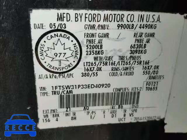 2003 FORD F350 SRW S 1FTSW31P33ED40920 Bild 9