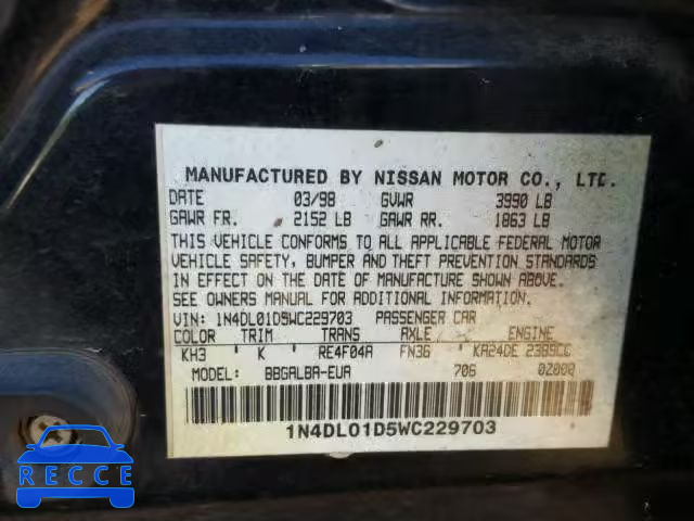 1998 NISSAN ALTIMA XE 1N4DL01D5WC229703 зображення 9