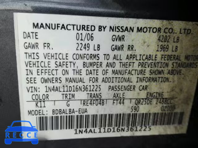 2006 NISSAN ALTIMA S 1N4AL11D16N361225 image 9