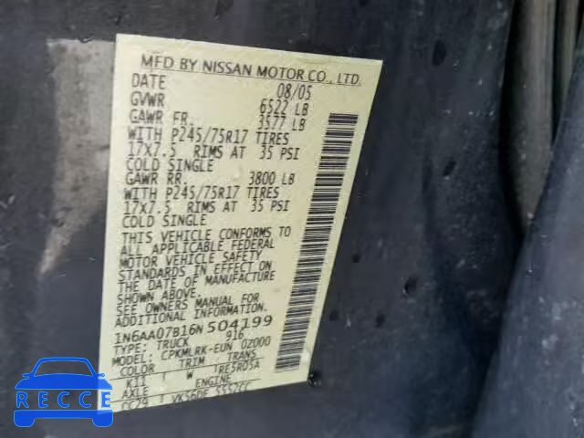 2006 NISSAN TITAN XE 1N6AA07B16N504199 image 9