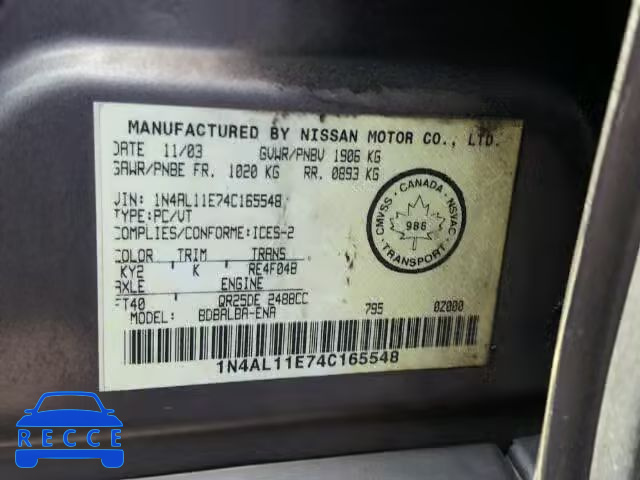 2004 NISSAN ALTIMA BAS 1N4AL11E74C165548 зображення 9