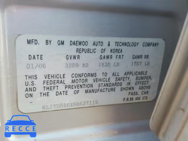 2006 CHEVROLET AVEO BASE KL1TD566X6B637119 image 9