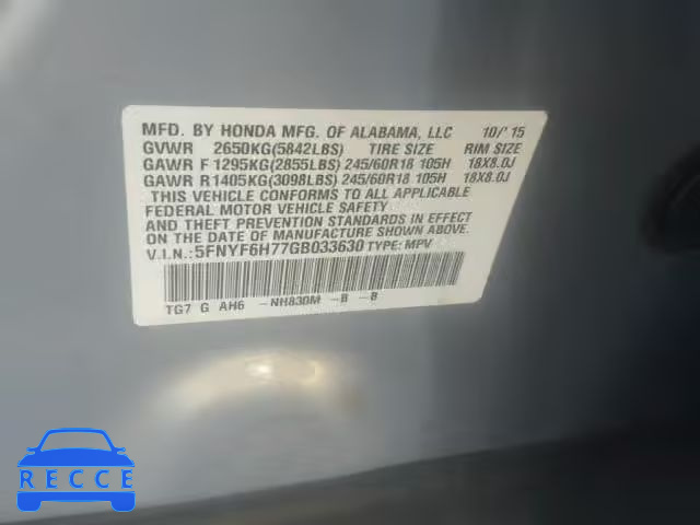 2016 HONDA PILOT EXLN 5FNYF6H77GB033630 зображення 9