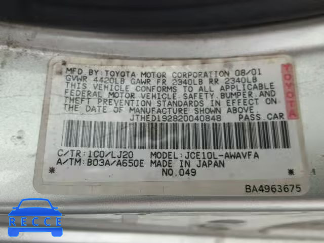 2002 LEXUS IS 300 SPO JTHED192820040848 image 9