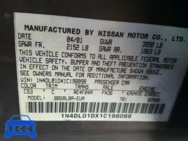 2001 NISSAN ALTIMA XE 1N4DL01DX1C198098 image 9