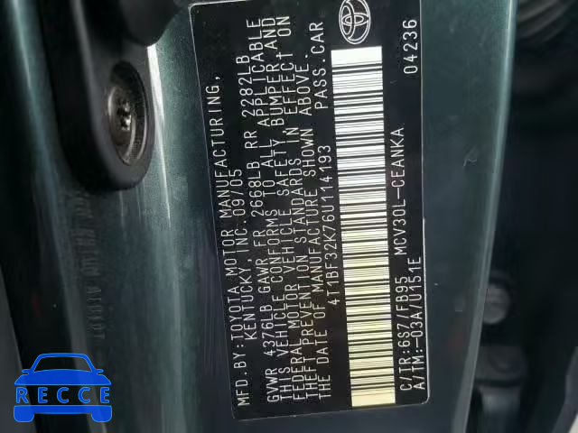 2006 TOYOTA CAMRY LE 4T1BF32K76U114193 image 9