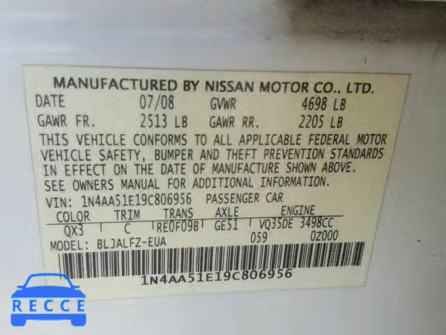 2009 NISSAN MAXIMA S 1N4AA51E19C806956 зображення 9