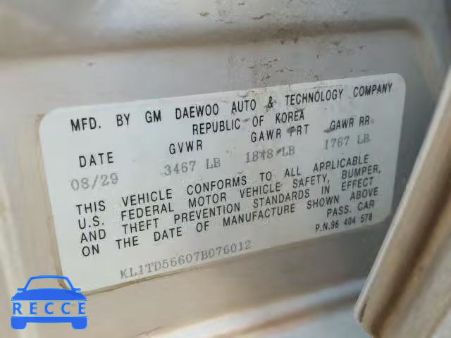2007 CHEVROLET AVEO BASE KL1TD56607B076012 image 9