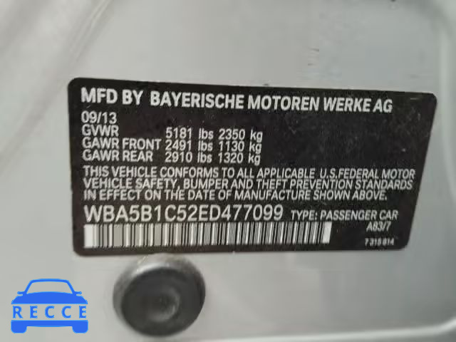 2014 BMW 535 I WBA5B1C52ED477099 зображення 9