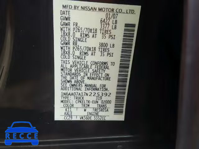 2007 NISSAN TITAN XE 1N6AA07A17N225392 image 9