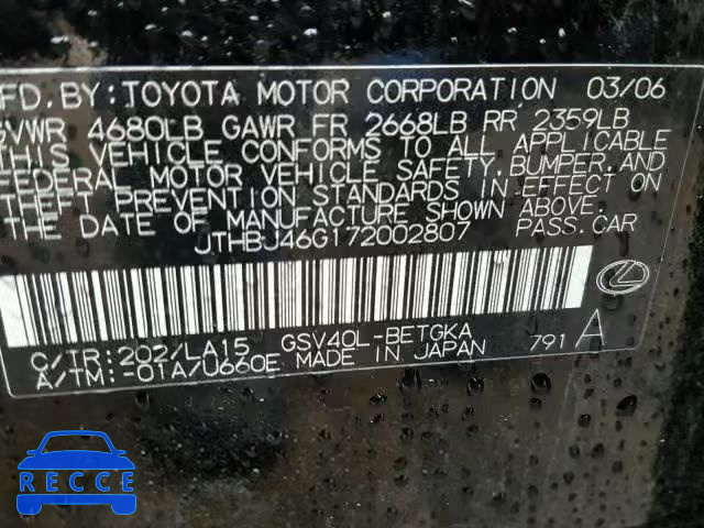 2007 LEXUS ES350 JTHBJ46G172002807 image 9