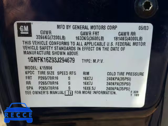2003 CHEVROLET SUBURBAN K 1GNFK16Z93J294679 image 9