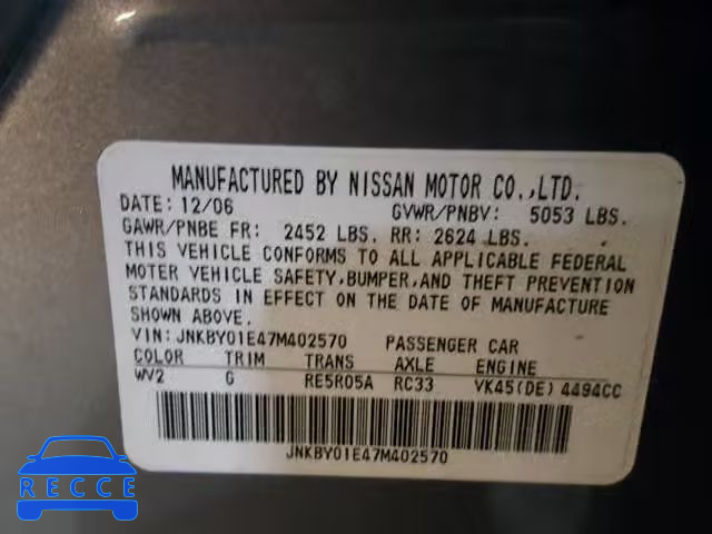 2007 INFINITI M45 BASE JNKBY01E47M402570 image 9