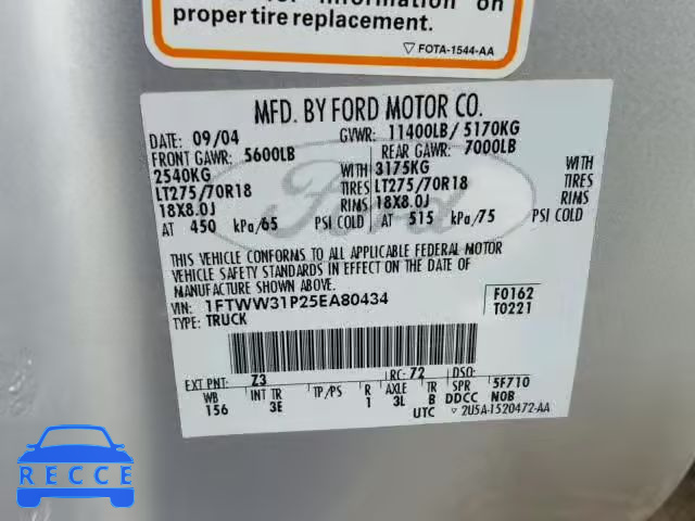 2005 FORD F350 SRW S 1FTWW31P25EA80434 image 9