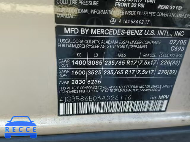 2006 MERCEDES-BENZ ML 350 4JGBB86E06A026116 image 9