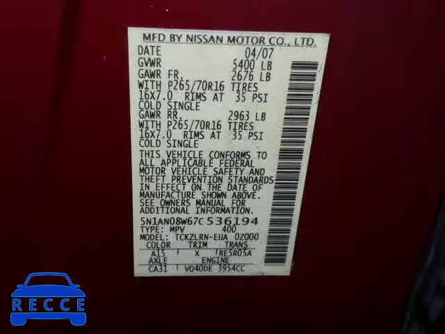 2007 NISSAN XTERRA OFF 5N1AN08W67C536194 image 9