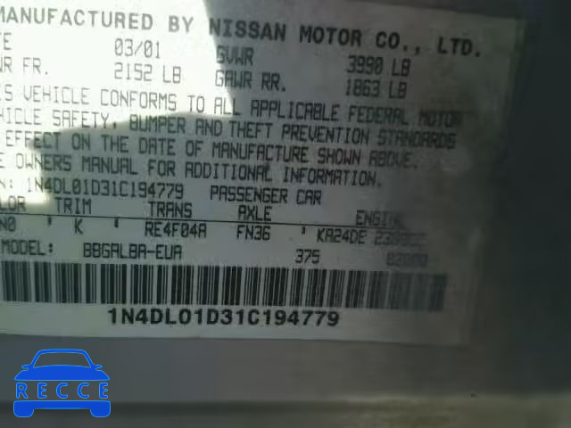 2001 NISSAN ALTIMA XE 1N4DL01D31C194779 image 9