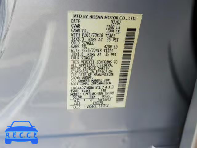 2008 NISSAN TITAN XE 1N6AA07D08N317413 зображення 9