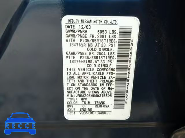 2004 NISSAN MURANO SL JN8AZ08W64W315508 image 9