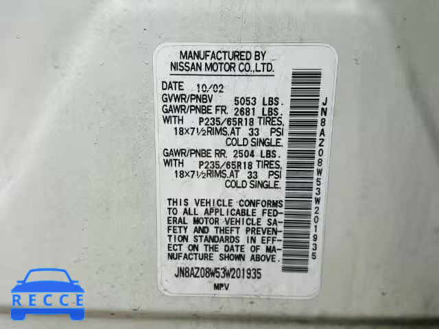 2003 NISSAN MURANO SL JN8AZ08W53W201935 image 9
