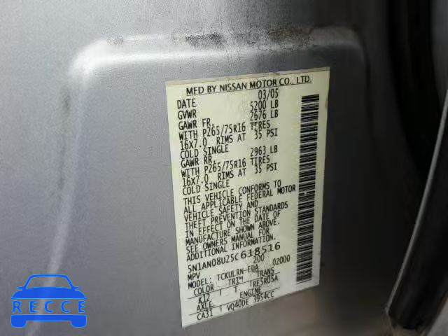 2005 NISSAN XTERRA OFF 5N1AN08U25C618516 image 9