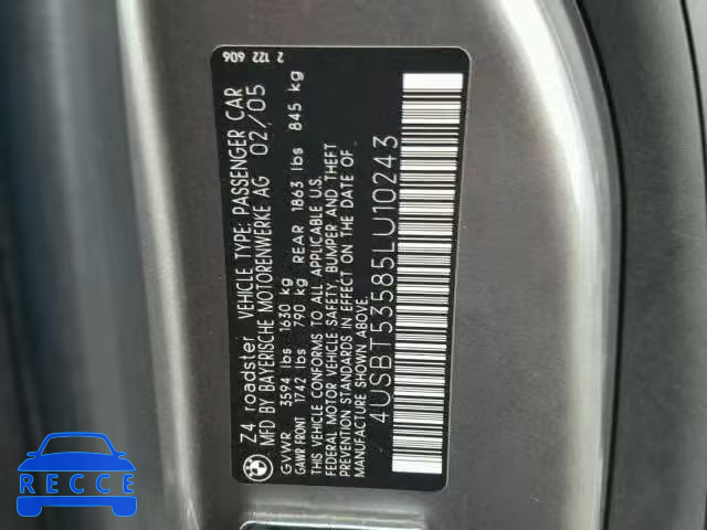 2005 BMW Z4 3.0 4USBT53585LU10243 зображення 9