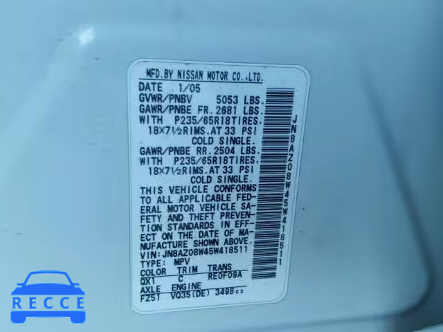 2005 NISSAN MURANO SL JN8AZ08W45W418511 image 9