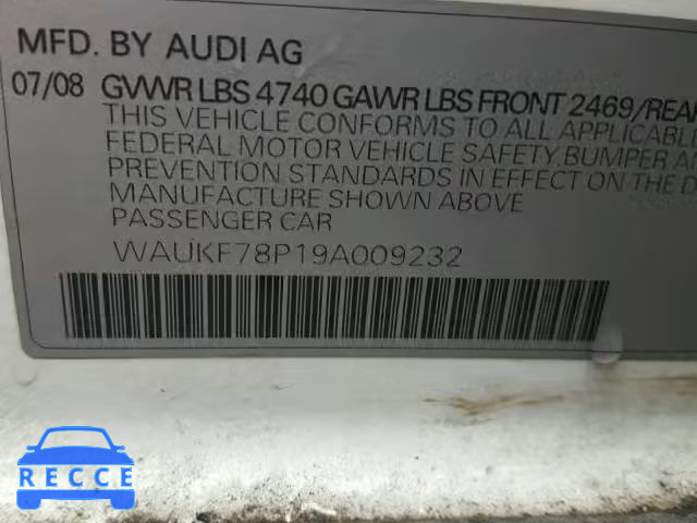 2009 AUDI A3 2.0T QU WAUKF78P19A009232 image 9