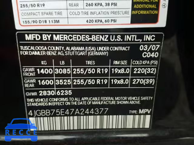 2007 MERCEDES-BENZ ML 500 4JGBB75E47A244377 зображення 9
