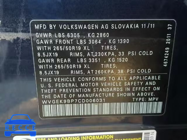 2012 VOLKSWAGEN TOUAREG V6 WVGEK9BP7CD006031 Bild 9