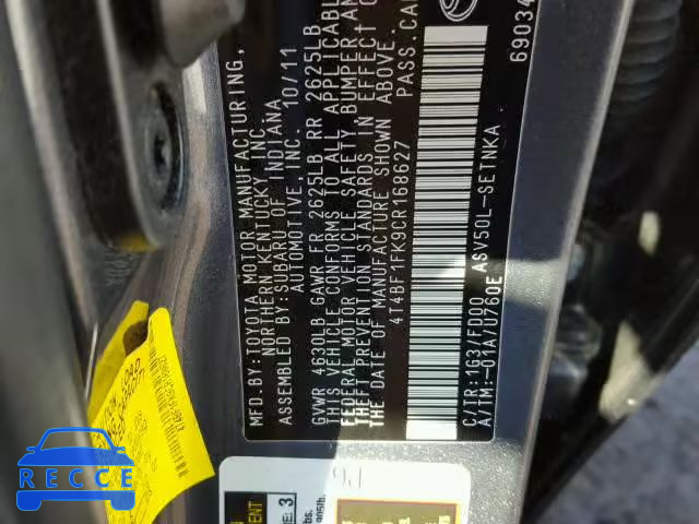 2012 TOYOTA CAMRY BASE 4T4BF1FK9CR168627 image 9