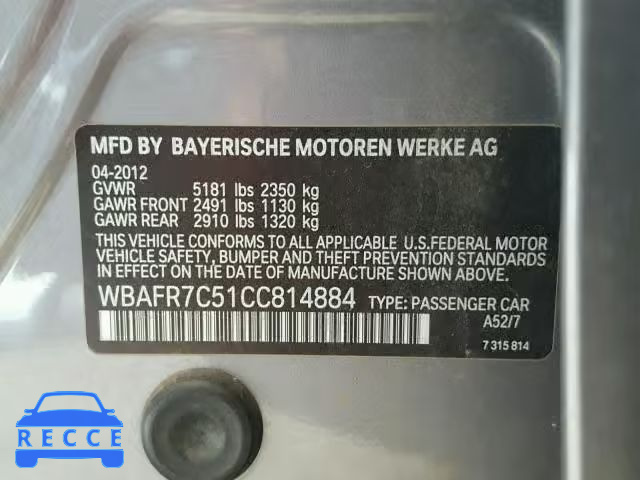 2012 BMW 535 I WBAFR7C51CC814884 зображення 9