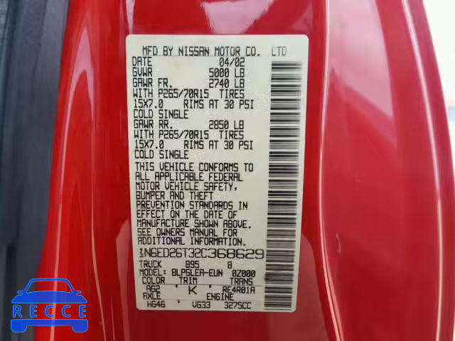 2002 NISSAN FRONTIER K 1N6ED26T32C368629 зображення 9