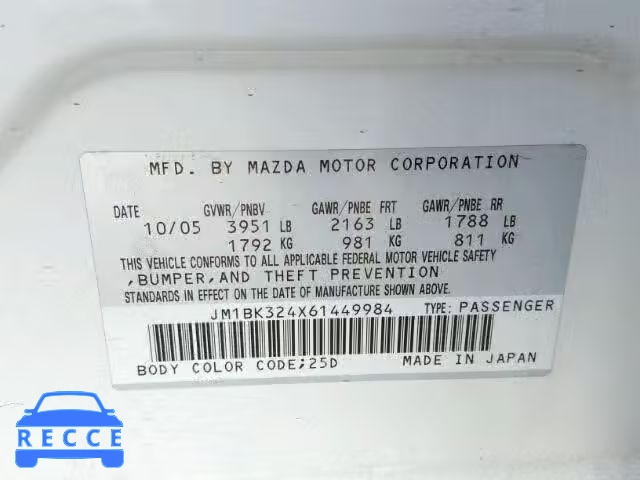 2006 MAZDA 3 S JM1BK324X61449984 зображення 9