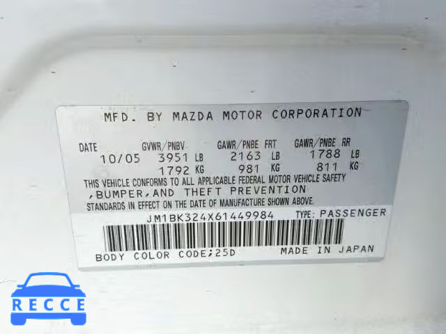 2006 MAZDA 3 S JM1BK324X61449984 Bild 9