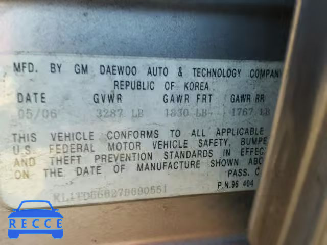 2007 CHEVROLET AVEO BASE KL1TD66627B690551 image 9