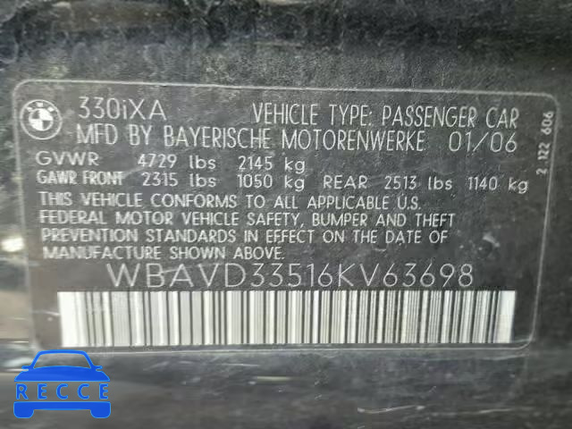 2006 BMW 330 XI WBAVD33516KV63698 зображення 9