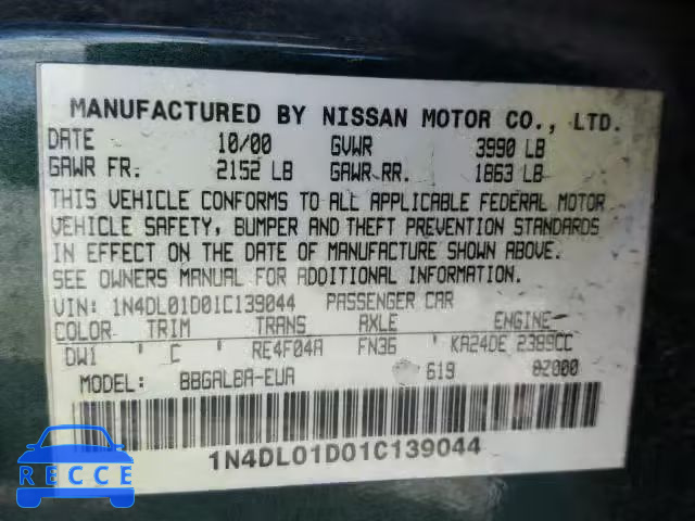 2001 NISSAN ALTIMA XE 1N4DL01D01C139044 image 9