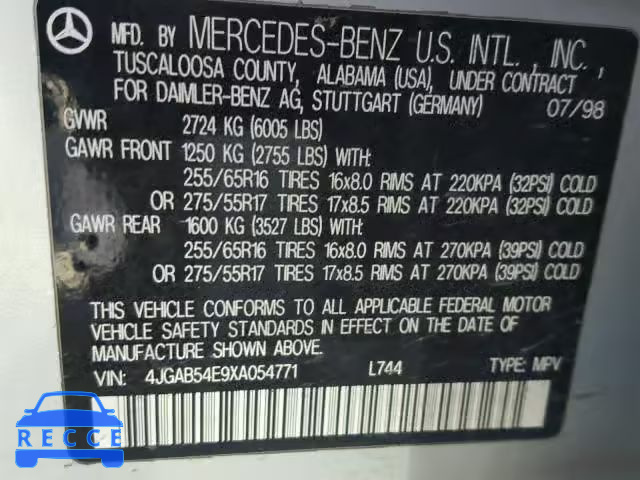 1999 MERCEDES-BENZ ML 320 4JGAB54E9XA054771 зображення 9