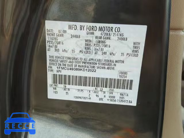 2009 FORD ESCAPE HYB 1FMCU49389KD12022 image 9