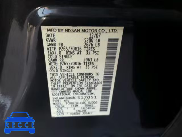 2008 NISSAN XTERRA OFF 5N1AN08UX8C517051 зображення 9