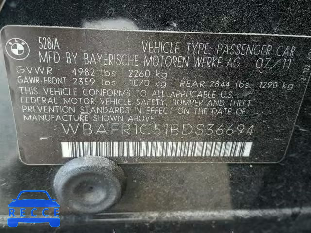 2011 BMW 528 I WBAFR1C51BDS36694 image 9